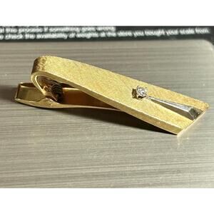Vintage 14k Gold Tie Clip, Diamond Geometric Tie Bar solid yellow cold Damond